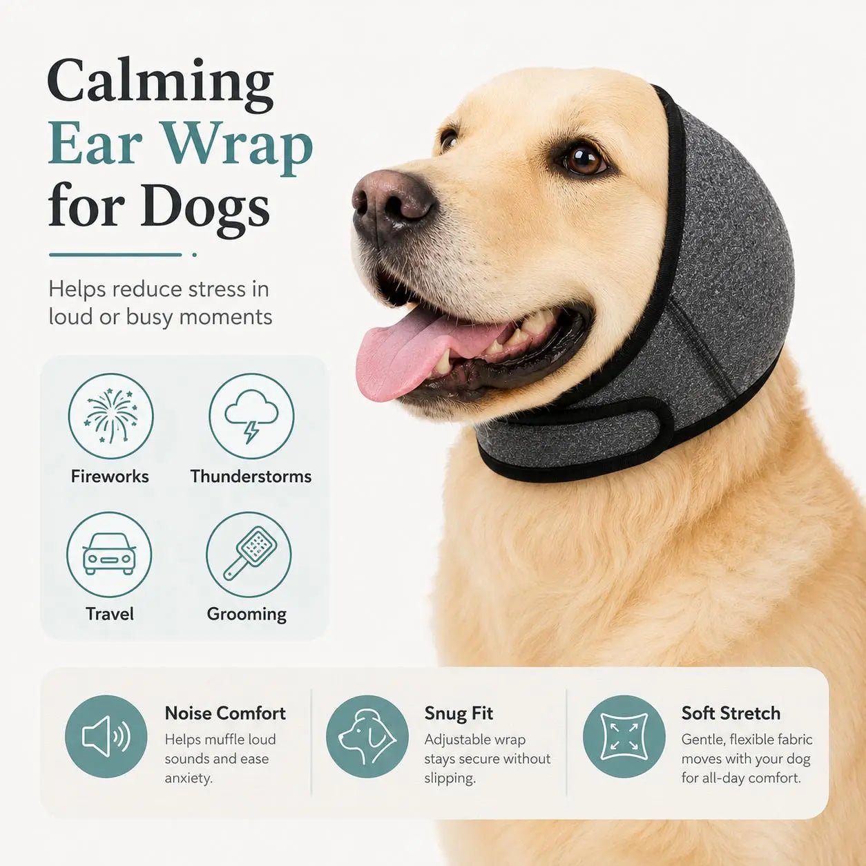 Comfortable 1-Piece Water-Resistant Dog Hoodie Wrap - Keeps Ears Dry, Ear Protection for Swimming, Blow Drying, Noise Reduction for Fireworks, Grey, Grooming, Bathing