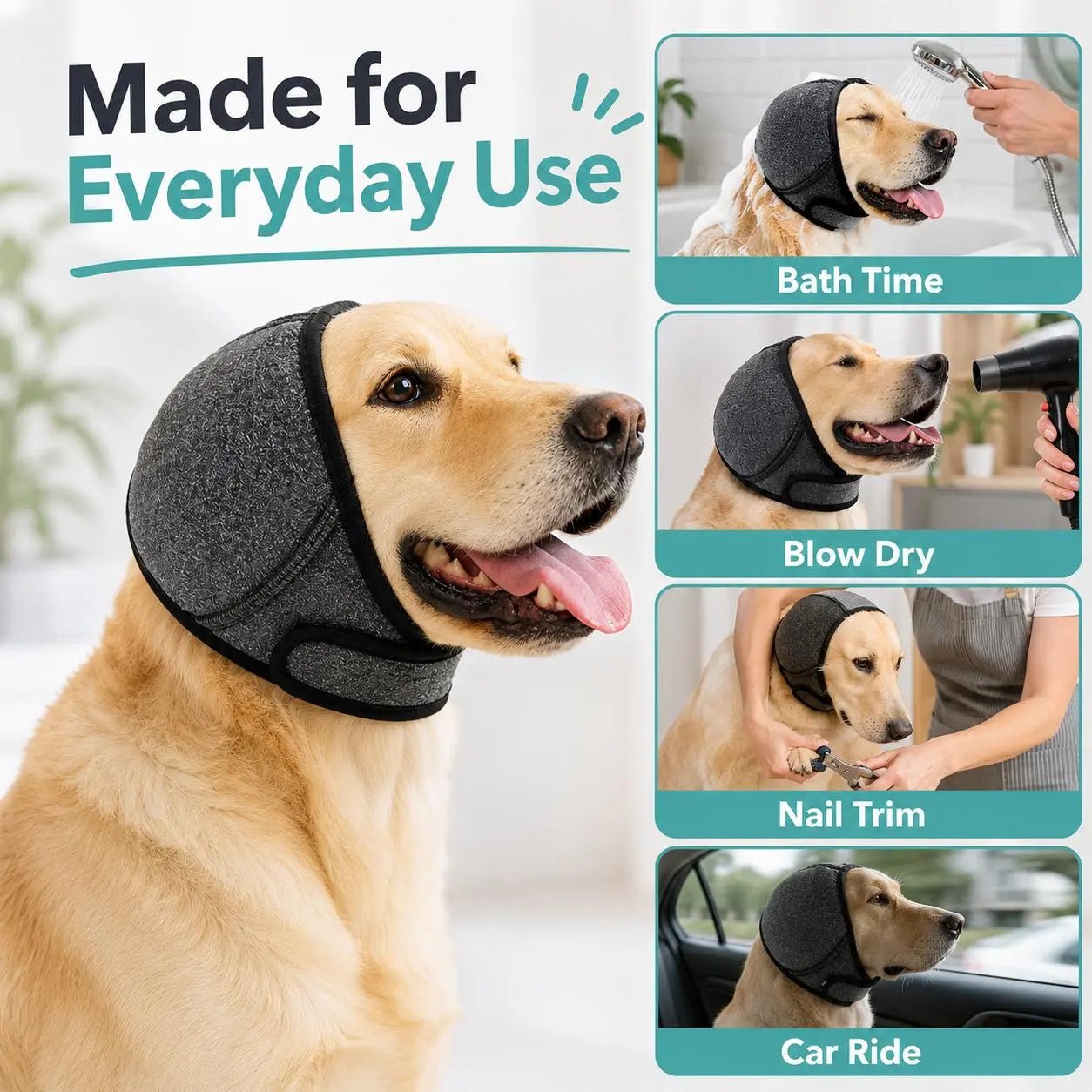 Comfortable 1-Piece Water-Resistant Dog Hoodie Wrap - Keeps Ears Dry, Ear Protection for Swimming, Blow Drying, Noise Reduction for Fireworks, Grey, Grooming, Bathing